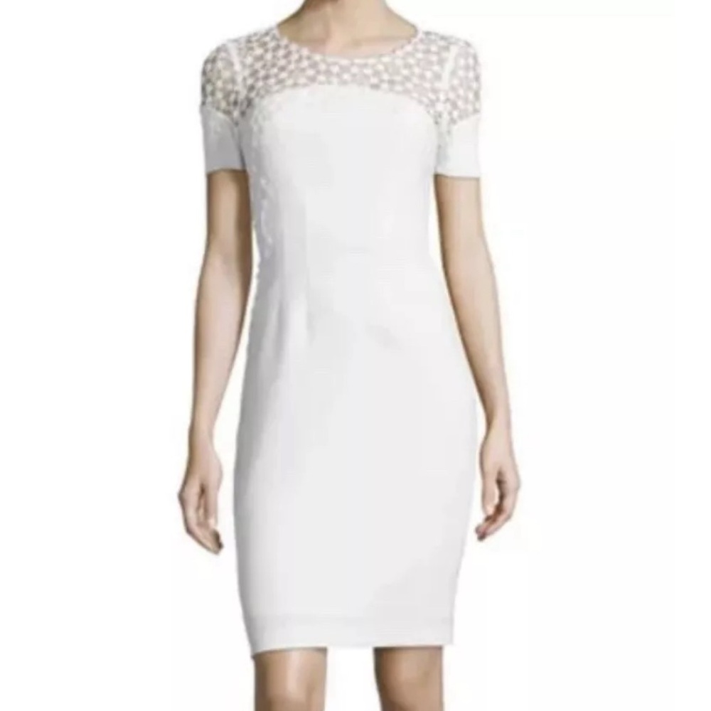 Elsa Tahari “Suzie” White Lace-Trim Short Crepe Dress